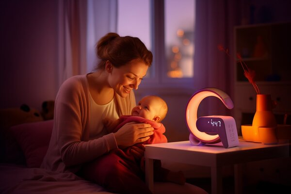 LED relaxační lampička Immax FLAMINGO s QI nabíjením, budík, RGB, USB výstup,BT, zlatá