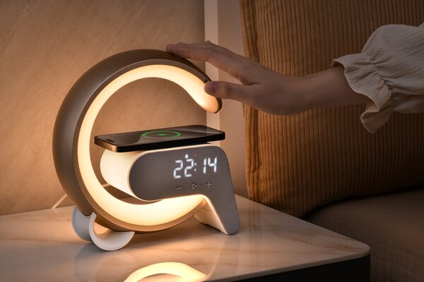 LED relaxační lampička Immax FLAMINGO s QI nabíjením, budík, RGB, USB výstup,BT, zlatá