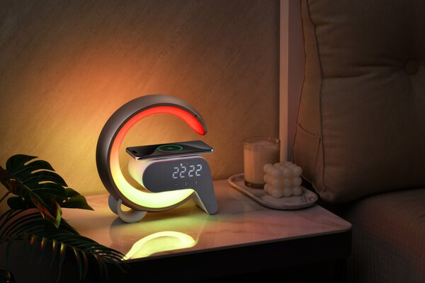 LED relaxační lampička Immax FLAMINGO s QI nabíjením, budík, RGB, USB výstup,BT, zlatá