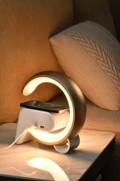 LED relaxační lampička Immax FLAMINGO s QI nabíjením, budík, RGB, USB výstup,BT, zlatá