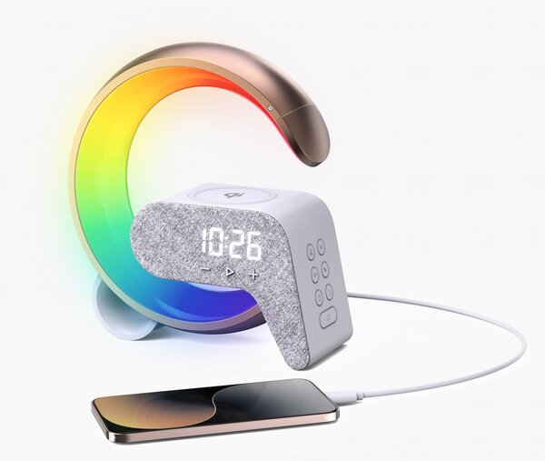 LED relaxační lampička Immax FLAMINGO s QI nabíjením, budík, RGB, USB výstup,BT, zlatá