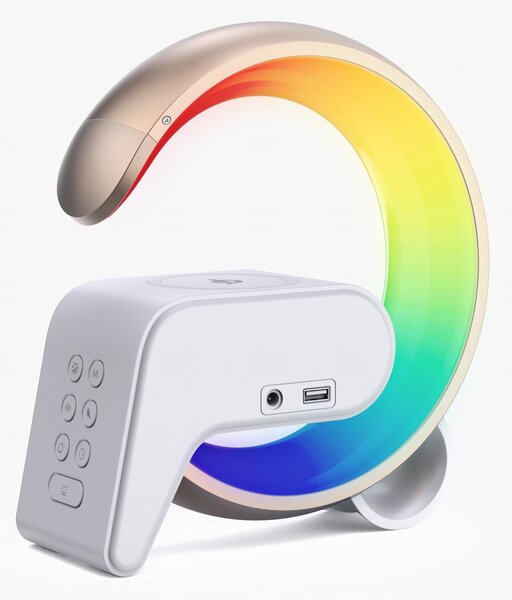 LED relaxační lampička Immax FLAMINGO s QI nabíjením, budík, RGB, USB výstup,BT, zlatá