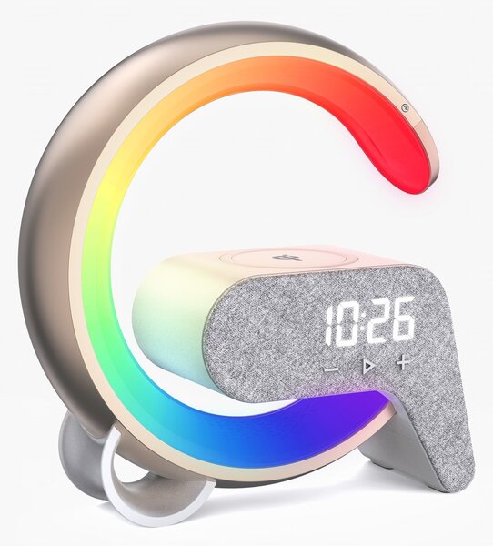 LED relaxační lampička Immax FLAMINGO s QI nabíjením, budík, RGB, USB výstup,BT, zlatá