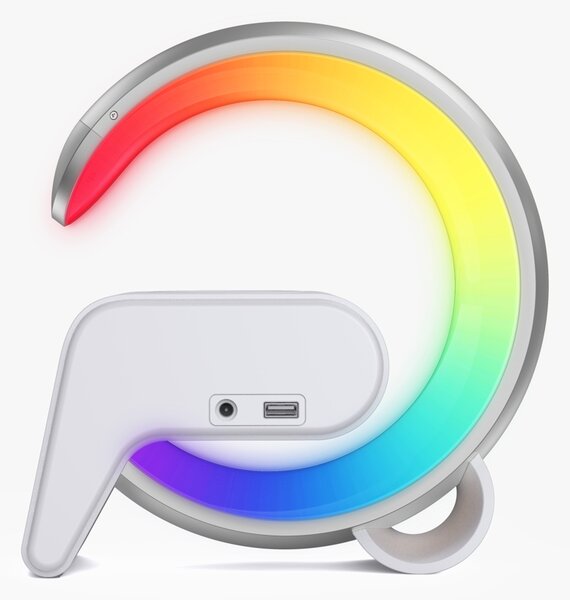 LED relaxační lampička Immax FLAMINGO s QI nabíjením, budík, RGB, USB výstup,BT, stříbrná