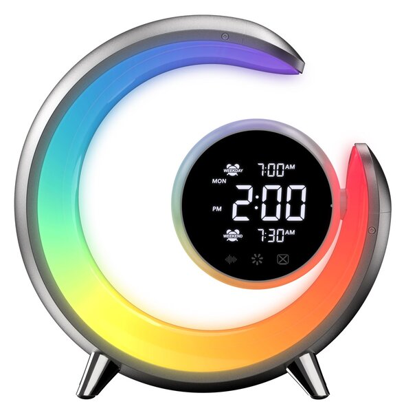 LED noční lampička, budík Immax PEACOCK s hodinami, RGB světlem a USB portem, stříbrná