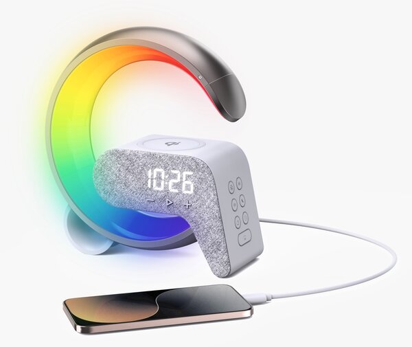 LED relaxační lampička Immax FLAMINGO s QI nabíjením, budík, RGB, USB výstup,BT, stříbrná