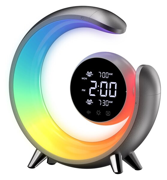 LED noční lampička, budík Immax PEACOCK s hodinami, RGB světlem a USB portem, stříbrná