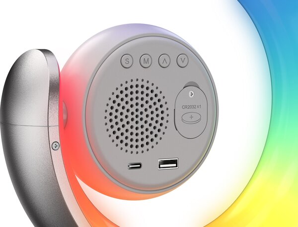 LED noční lampička, budík Immax PEACOCK s hodinami, RGB světlem a USB portem, stříbrná