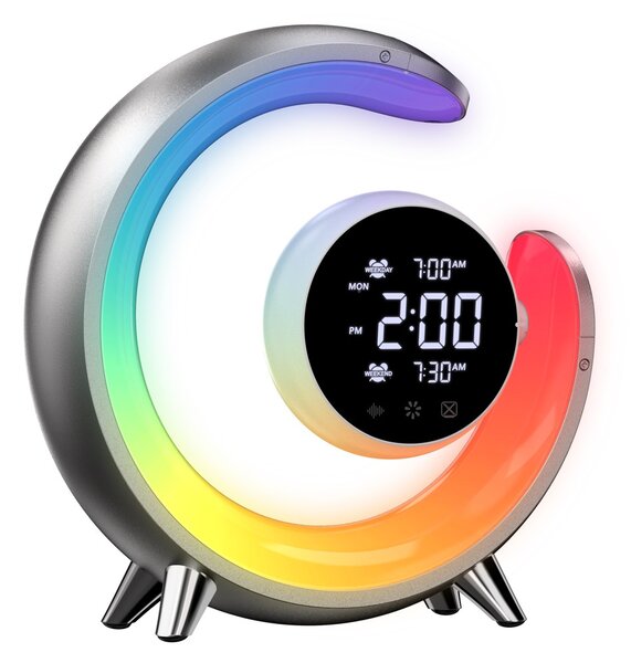 LED noční lampička, budík Immax PEACOCK s hodinami, RGB světlem a USB portem, stříbrná