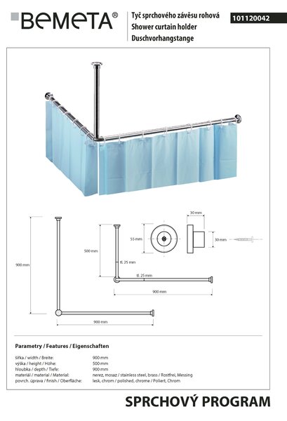 Bemeta Design Tyč sprchového závěsu, 900 x 900 mm, rohová, nerez, lesk - 101120042