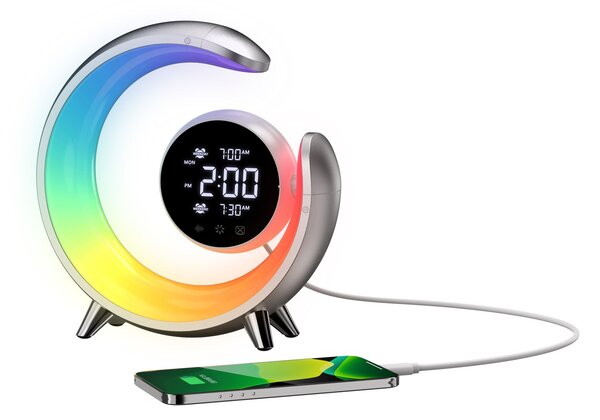 LED noční lampička, budík Immax PEACOCK s hodinami, RGB světlem a USB portem, stříbrná