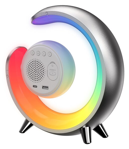 LED noční lampička, budík Immax PEACOCK s hodinami, RGB světlem a USB portem, stříbrná