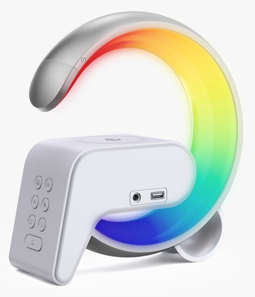 LED relaxační lampička Immax FLAMINGO s QI nabíjením, budík, RGB, USB výstup,BT, stříbrná