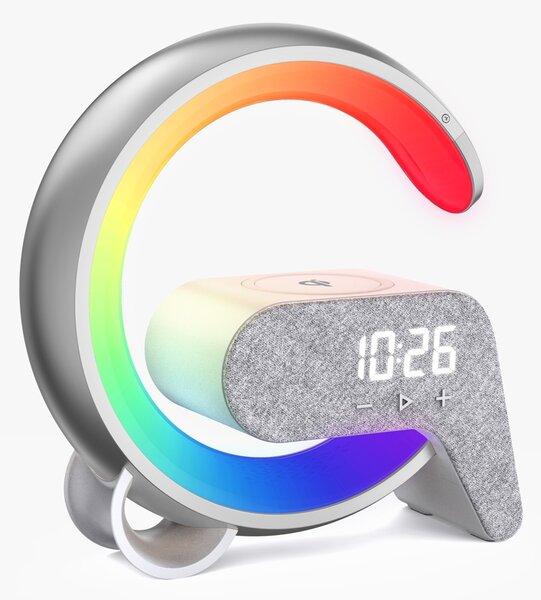 LED relaxační lampička Immax FLAMINGO s QI nabíjením, budík, RGB, USB výstup,BT, stříbrná
