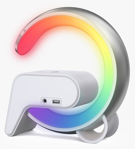 LED relaxační lampička Immax FLAMINGO s QI nabíjením, budík, RGB, USB výstup,BT, stříbrná