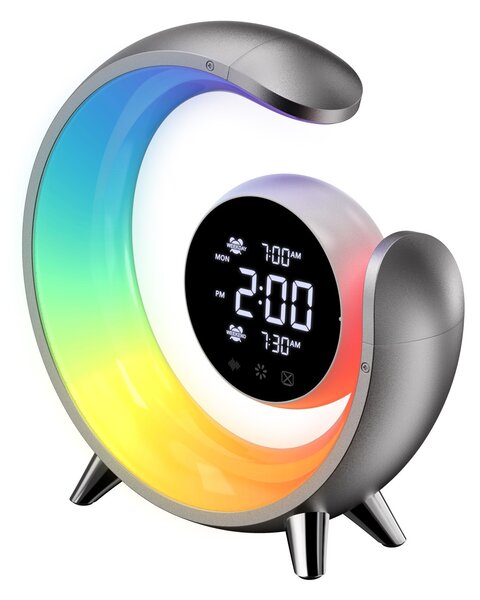 LED noční lampička, budík Immax PEACOCK s hodinami, RGB světlem a USB portem, stříbrná