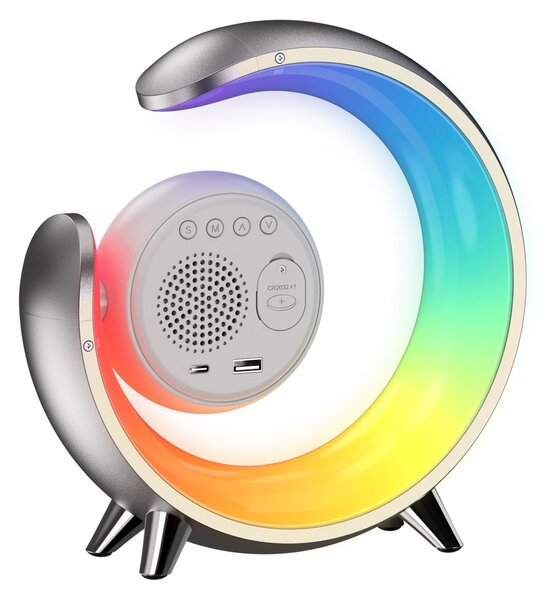 LED noční lampička, budík Immax PEACOCK s hodinami, RGB světlem a USB portem, stříbrná
