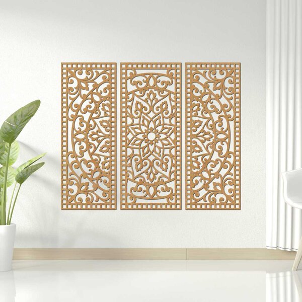 Květinová mandala ze dřeva – boho 3dílná nástěnná dekorace | TRIPTICH: HDF - Javor 40 x 30 cm 4670-110257 HDF0514-A-akcia20
