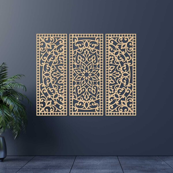 Květinová mandala ze dřeva – boho 3dílná nástěnná dekorace | TRIPTICH: HDF - Javor 40 x 30 cm 4670-110257 HDF0514-A-akcia20