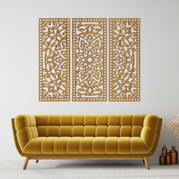 Květinová mandala ze dřeva – boho 3dílná nástěnná dekorace | TRIPTICH: HDF - Javor 40 x 30 cm 4670-110257 HDF0514-A-akcia20