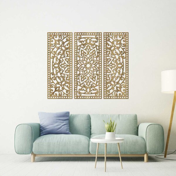 Květinová mandala ze dřeva – boho 3dílná nástěnná dekorace | TRIPTICH: HDF - Javor 40 x 30 cm 4670-110257 HDF0514-A-akcia20