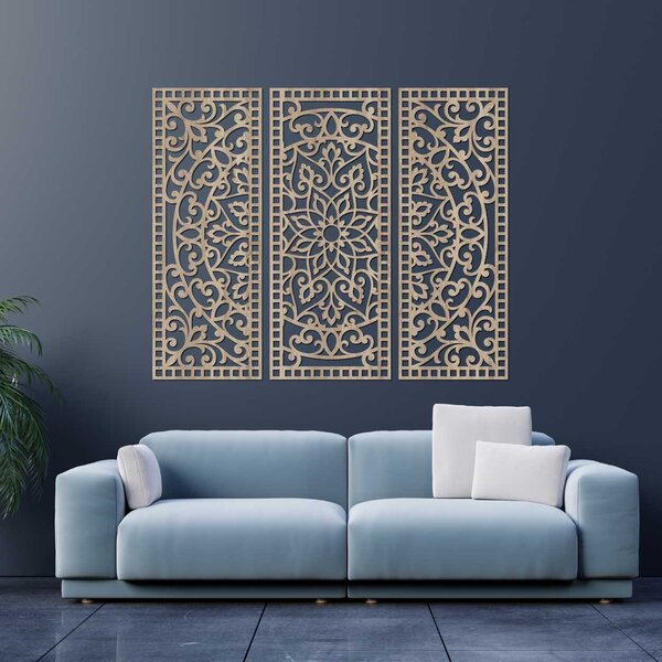 Květinová mandala ze dřeva – boho 3dílná nástěnná dekorace | TRIPTICH: HDF - Javor 40 x 30 cm 4670-110257 HDF0514-A-akcia20