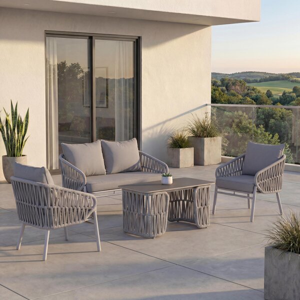 Zahradní souprava HWC-P90, lounge set zahradní lounge pohovka křeslo stl, provazové pletivo Rope látka/textil (180 g/m²) svtle edá