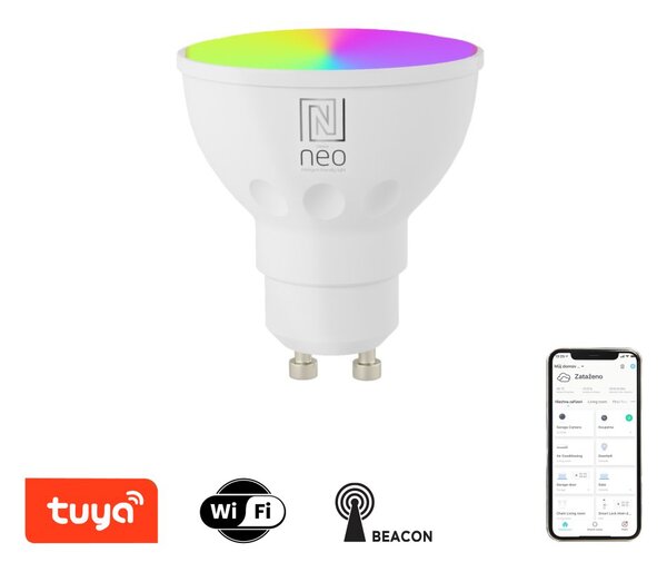 Immax NEO LITE Smart žárovka LED GU10 4,8W RGB+CCT bar. a bílá, stmívatelná, WiFi, Beacon
