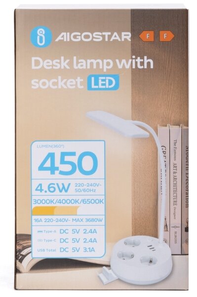 Aigostar - LED Stmívatelná stolní lampa se zásuvkami a USB LED/4,6W/230V bílá