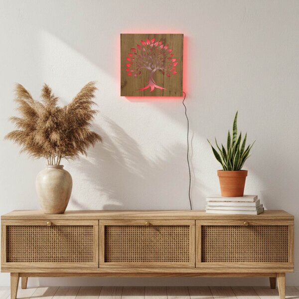 Podsvícený dřevěný obraz „Strom života“ LED nástěnná dekorace | BAKE: HDF - Ořech Vícebarevná LED RGB 30 cm 4697-112103 LED0564