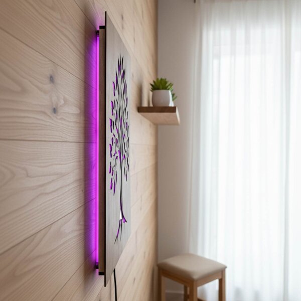 Podsvícený dřevěný obraz „Strom života“ LED nástěnná dekorace | BAKE: HDF - Ořech Vícebarevná LED RGB 30 cm 4697-112103 LED0564