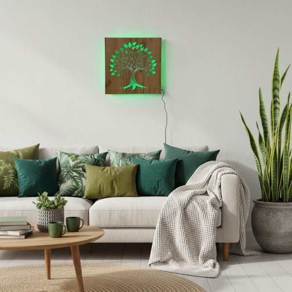 Podsvícený dřevěný obraz „Strom života“ LED nástěnná dekorace | BAKE: HDF - Ořech Vícebarevná LED RGB 30 cm 4697-112103 LED0564