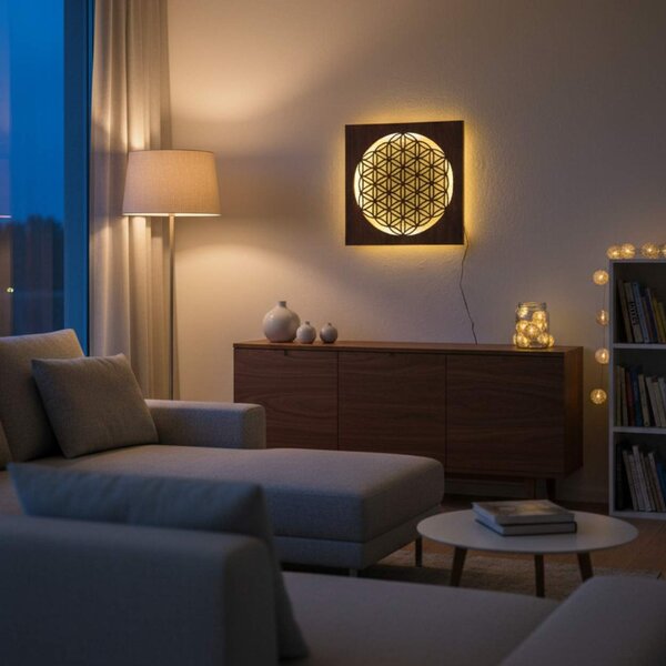 Podsvícený dřevěný obraz Květ života – LED mandala dekorace na zeď | MONEN: HDF - Ořech Vícebarevná LED RGB 30 cm 4700-112273 LED0168