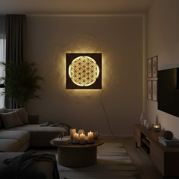 Podsvícený dřevěný obraz Květ života – LED mandala dekorace na zeď | MONEN: HDF - Ořech Vícebarevná LED RGB 30 cm 4700-112273 LED0168