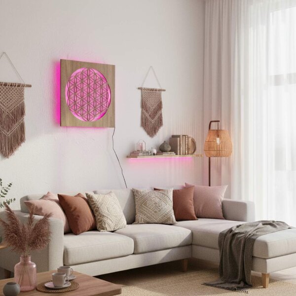 Podsvícený dřevěný obraz Květ života – LED mandala dekorace na zeď | MONEN: HDF - Ořech Vícebarevná LED RGB 30 cm 4700-112273 LED0168