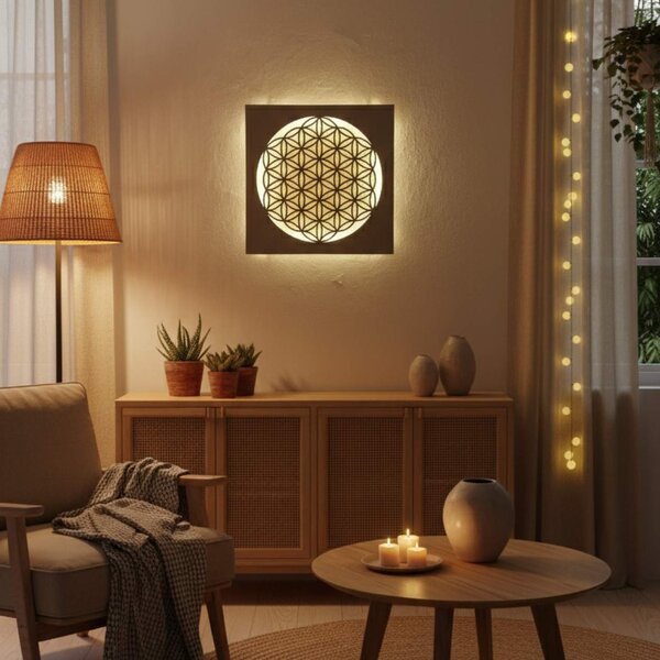 Podsvícený dřevěný obraz Květ života – LED mandala dekorace na zeď | MONEN: HDF - Ořech Vícebarevná LED RGB 30 cm 4700-112273 LED0168