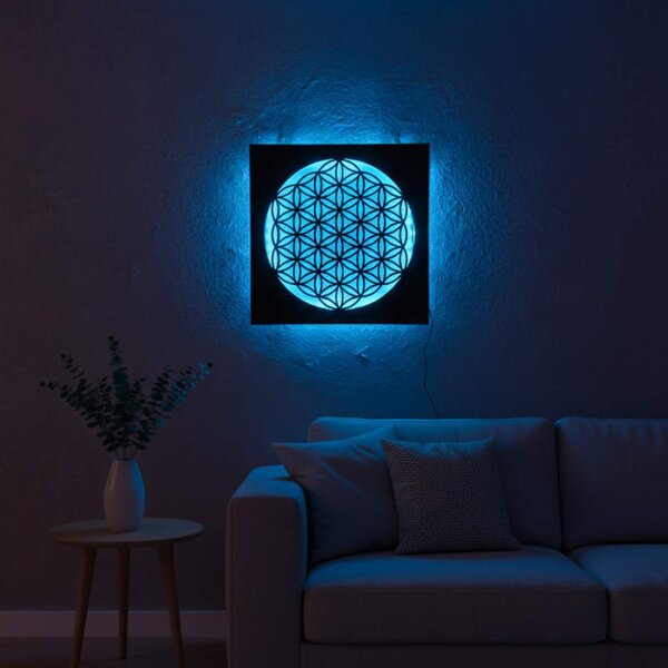 Podsvícený dřevěný obraz Květ života – LED mandala dekorace na zeď | MONEN: HDF - Ořech Vícebarevná LED RGB 30 cm 4700-112273 LED0168