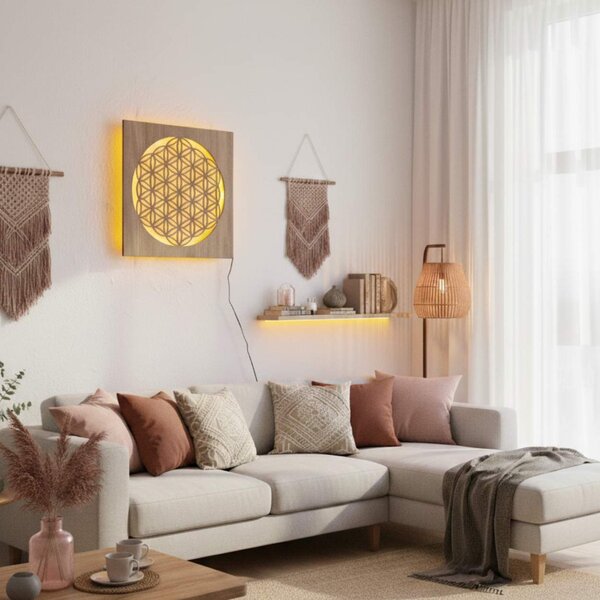 Podsvícený dřevěný obraz Květ života – LED mandala dekorace na zeď | MONEN: HDF - Ořech Vícebarevná LED RGB 30 cm 4700-112273 LED0168