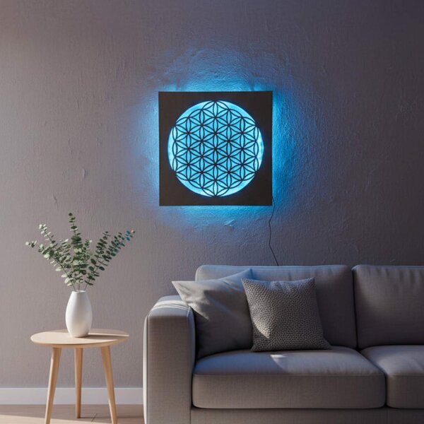 Podsvícený dřevěný obraz Květ života – LED mandala dekorace na zeď | MONEN: HDF - Ořech Vícebarevná LED RGB 30 cm 4700-112273 LED0168