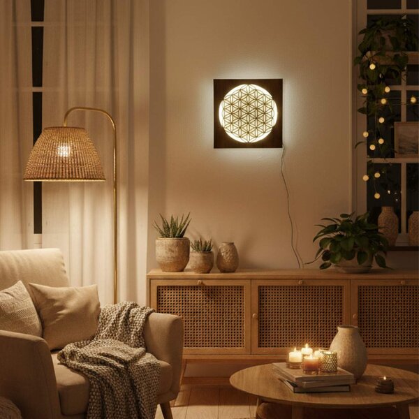 Podsvícený dřevěný obraz Květ života – LED mandala dekorace na zeď | MONEN: HDF - Ořech Vícebarevná LED RGB 30 cm 4700-112273 LED0168