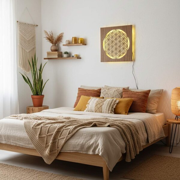 Podsvícený dřevěný obraz Květ života – LED mandala dekorace na zeď | MONEN: HDF - Ořech Vícebarevná LED RGB 30 cm 4700-112273 LED0168