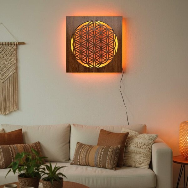 Podsvícený dřevěný obraz Květ života – LED mandala dekorace na zeď | MONEN: HDF - Ořech Vícebarevná LED RGB 30 cm 4700-112273 LED0168