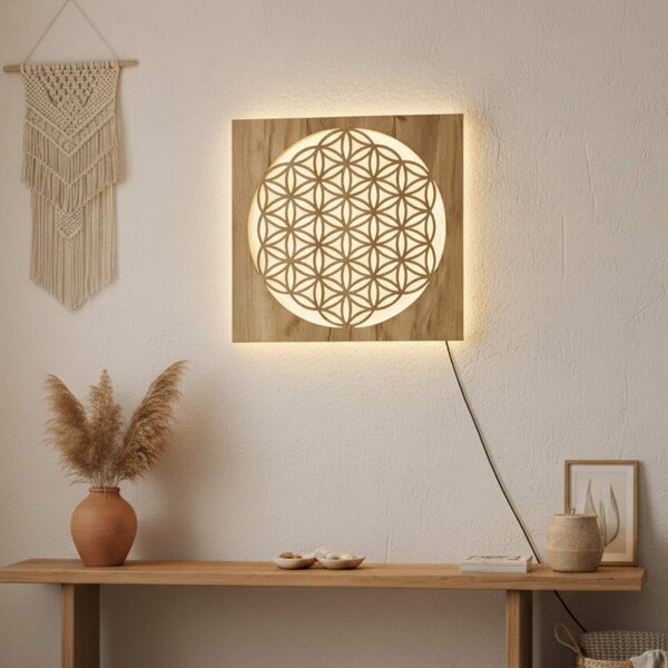 Podsvícený dřevěný obraz Květ života – LED mandala dekorace na zeď | MONEN: HDF - Ořech Vícebarevná LED RGB 30 cm 4700-112273 LED0168