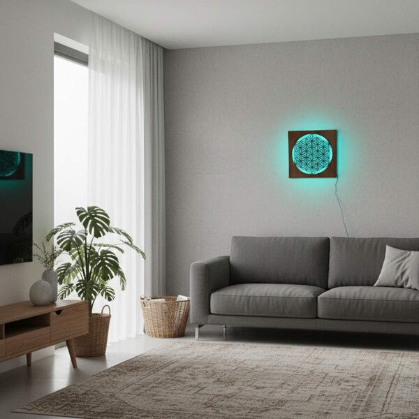 Podsvícený dřevěný obraz Květ života – LED mandala dekorace na zeď | MONEN: HDF - Ořech Vícebarevná LED RGB 30 cm 4700-112273 LED0168