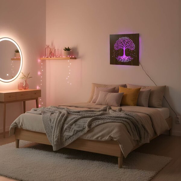 LED dřevěný obraz – Strom života s RGB podsvícením - KLARMA: HDF - Ořech Vícebarevná LED RGB 30 cm 4703-112448 LED0562