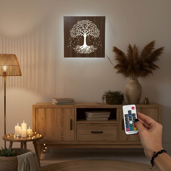 LED dřevěný obraz – Strom života s RGB podsvícením - KLARMA: HDF - Ořech Vícebarevná LED RGB 30 cm 4703-112448 LED0562