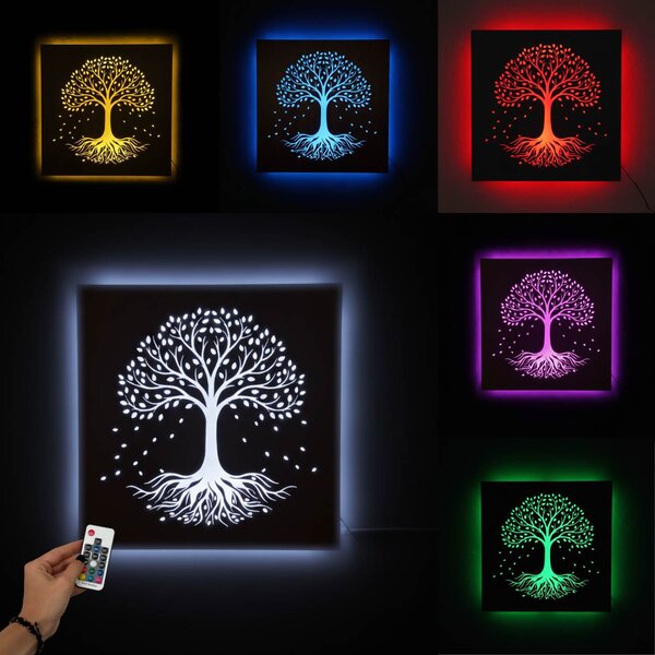 LED dřevěný obraz – Strom života s RGB podsvícením - KLARMA: HDF - Ořech Vícebarevná LED RGB 30 cm 4703-112448 LED0562
