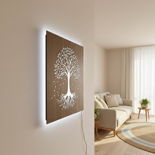 LED dřevěný obraz – Strom života s RGB podsvícením - KLARMA: HDF - Ořech Vícebarevná LED RGB 30 cm 4703-112448 LED0562