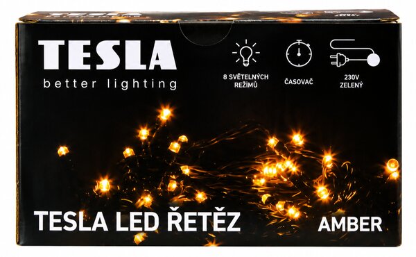 TESLA lighting Tesla - dekorativní řetěz, AMBER, 100LED, 10m + 5m kabel, 230V, 8 funkcí, IP44, zelený