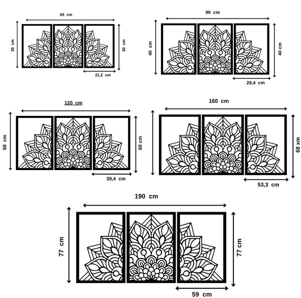 SENTOP | 3-dílná mandala květin – moderní dřevěná nástěnná dekorace do obývacího pokoje | SENTOP HDF0583-60 x 30-WENGE